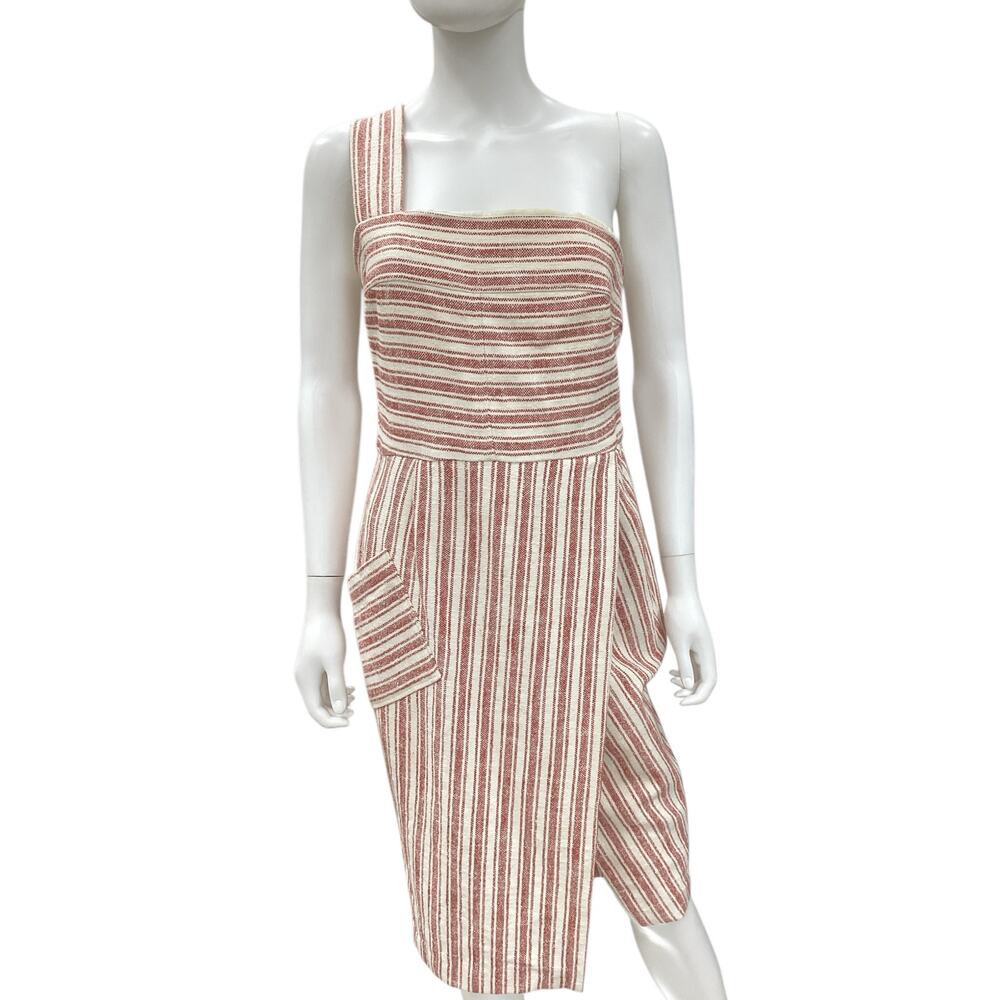 Rachel Zoe Dress Women’s SZ 6 Cotton Linen Blend Stripes One Shoulder Cream &Red